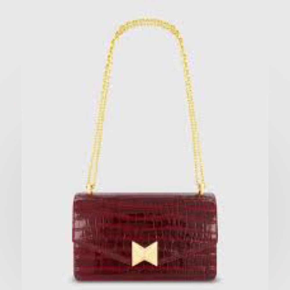 Mac Duggal Burgundy Croc Embossed Crossbody with Gold Chain
